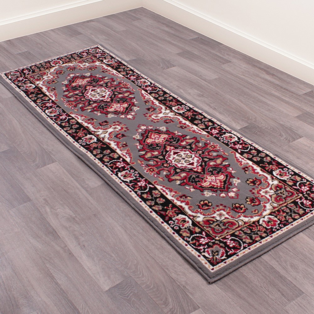 Traditional Poly Lancashire Medallion Border Runner Rugs in Grey